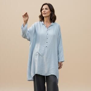 Eskandar Linen Oversize Tunic Blouse with pocket light blue size 0